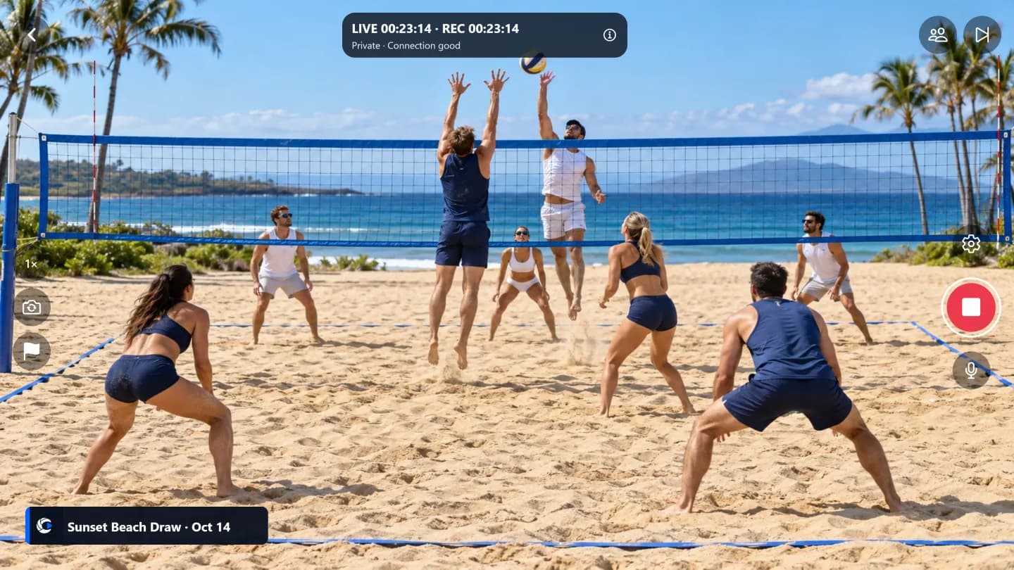 Courtside HD landscape camera interface with capture controls over an illustrative volleyball rally