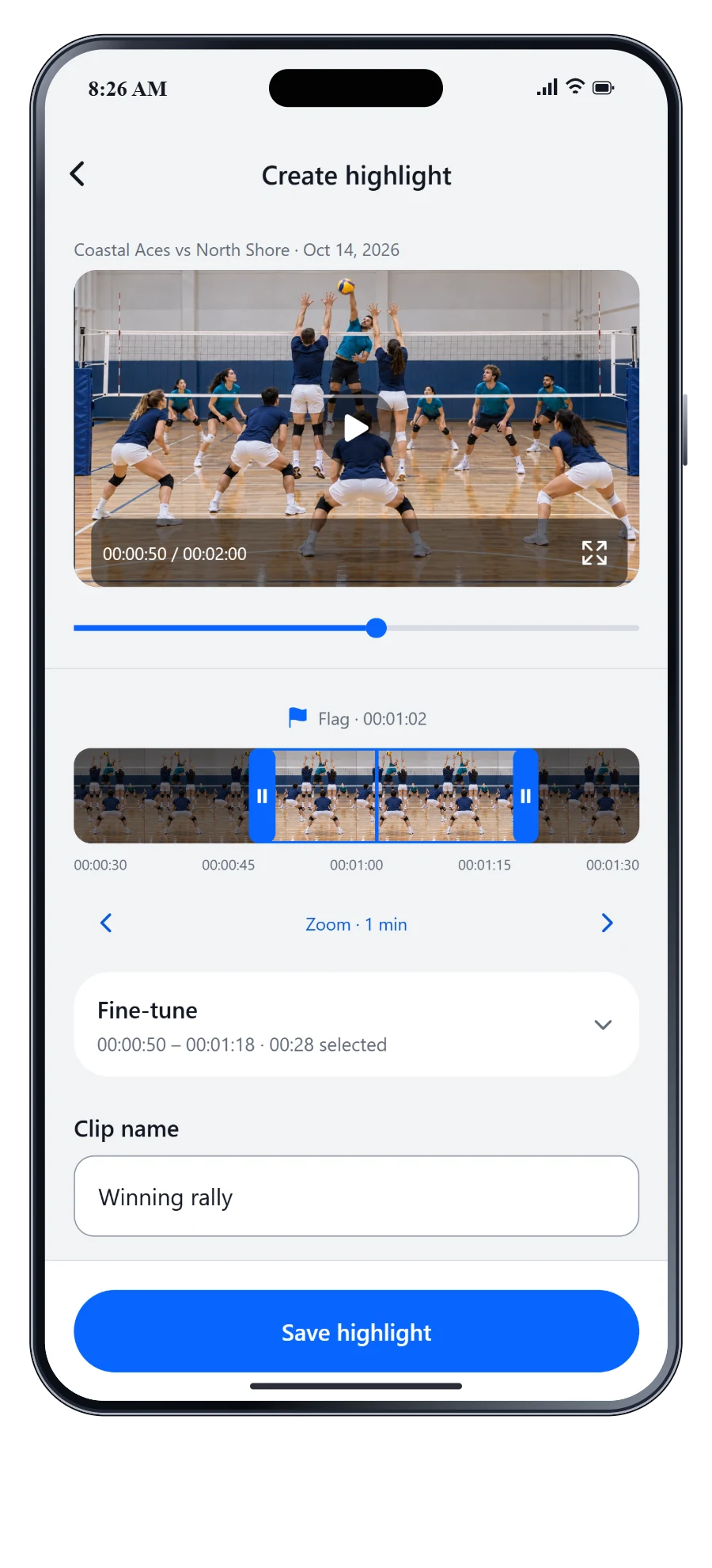 Courtside HD iPhone highlight editor with trim handles, a clip name, and Save highlight