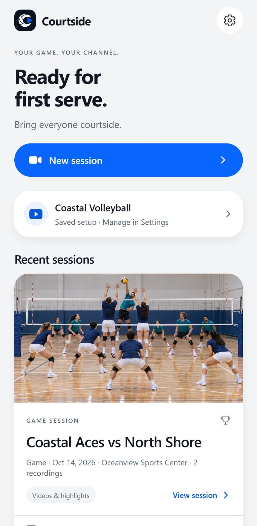 Courtside HD pre-release Home screen with a new session action and a recorded sample match