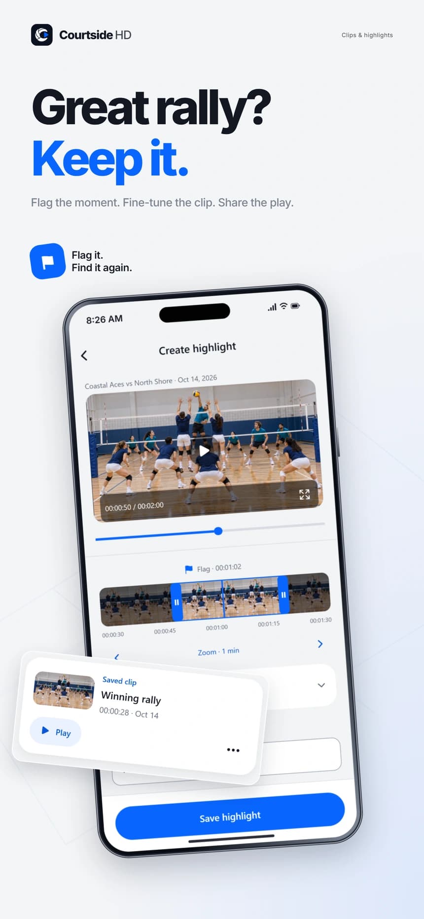 Courtside HD promotional preview of selecting and saving a volleyball highlight