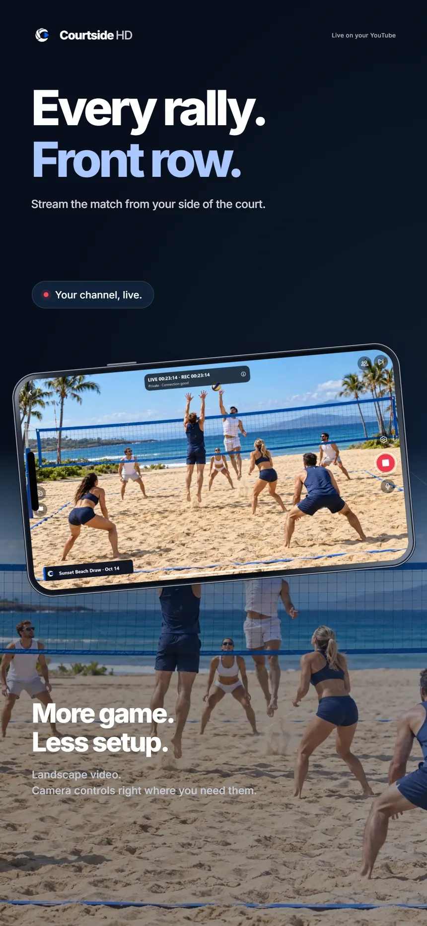 Courtside HD live streaming promotional preview with a landscape volleyball broadcast