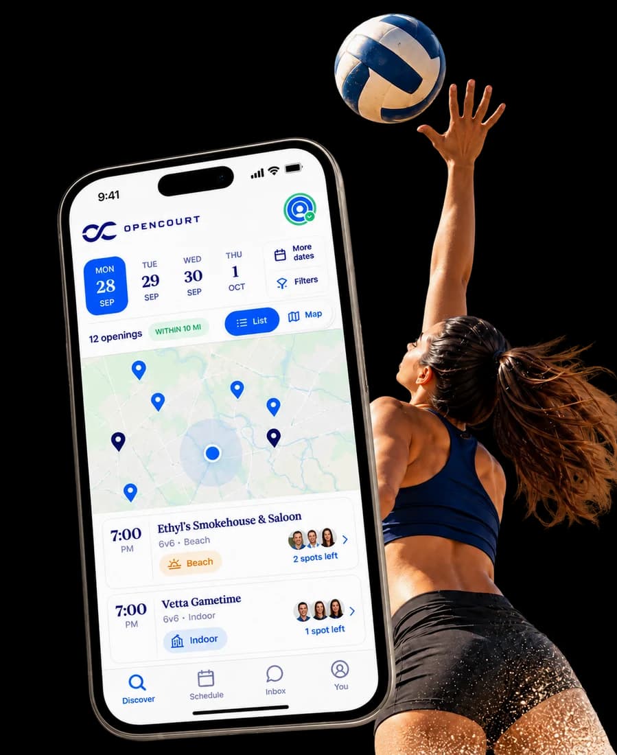 OpenCourt promotional cover with a map-discovery phone mockup and beach volleyball player