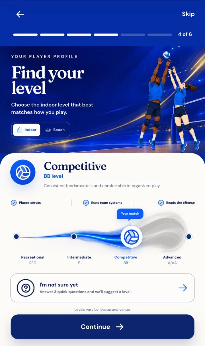 OpenCourt player onboarding with playing levels and a guided skill choice