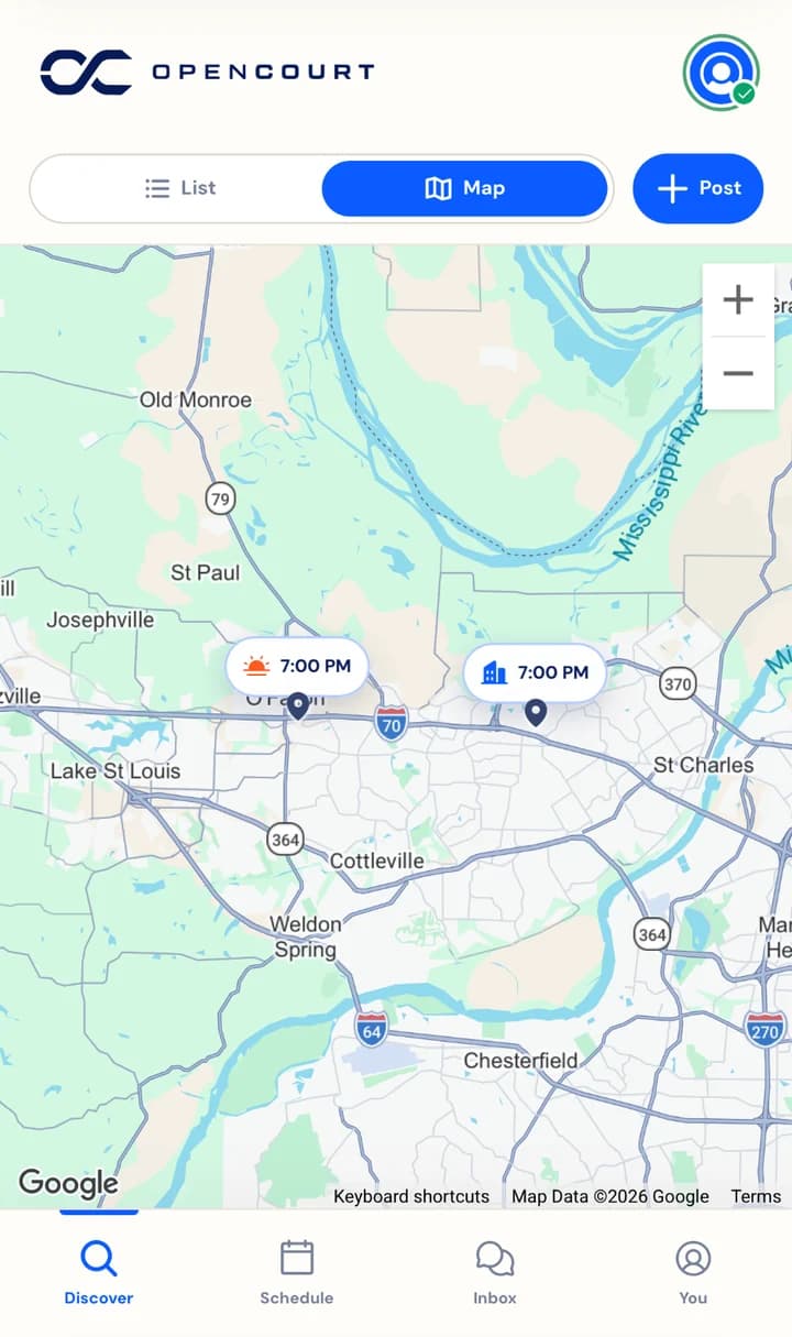OpenCourt map discovery showing volleyball opening locations near St. Louis