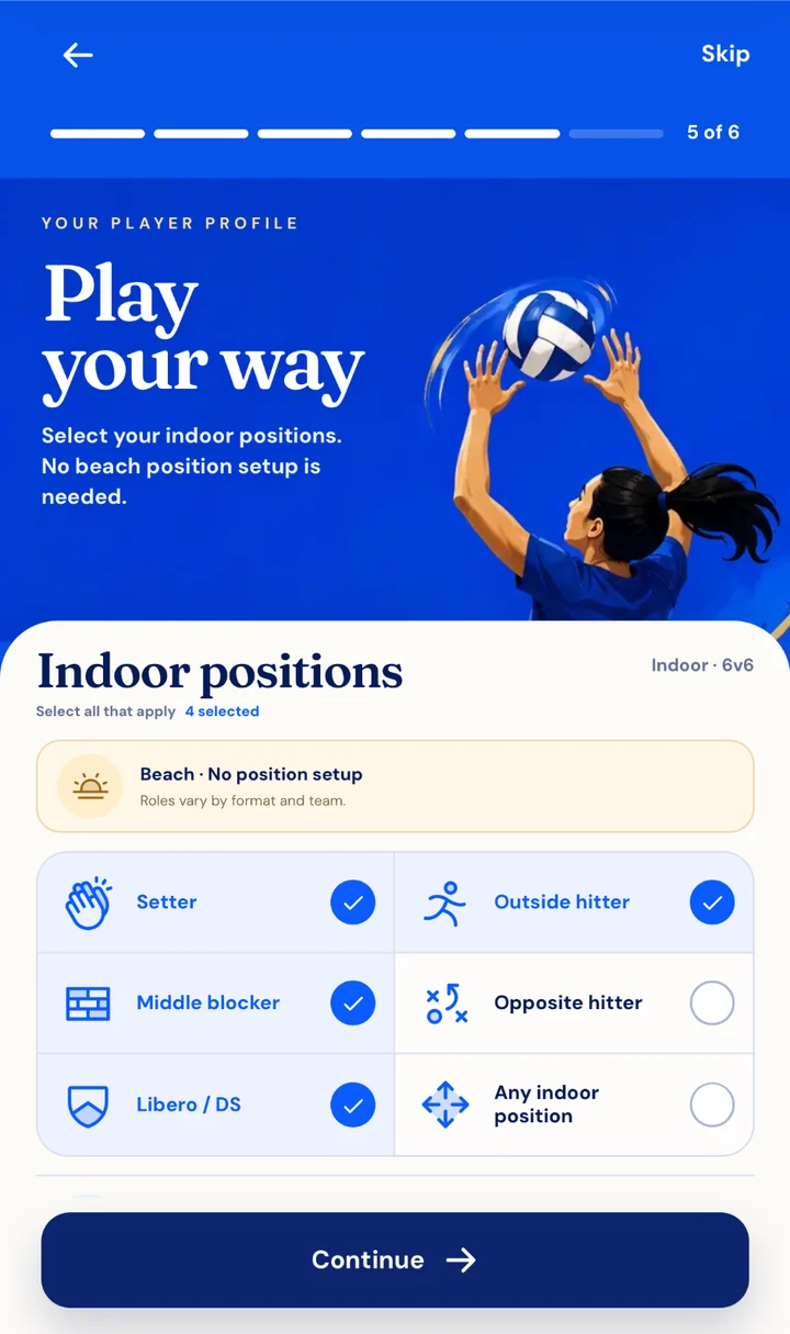 OpenCourt onboarding with selectable indoor volleyball positions