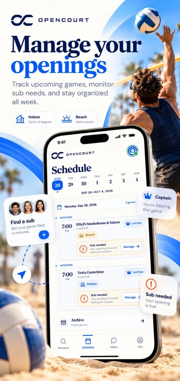 Manage your openings: OpenCourt promotional preview of a captain’s schedule and substitute needs