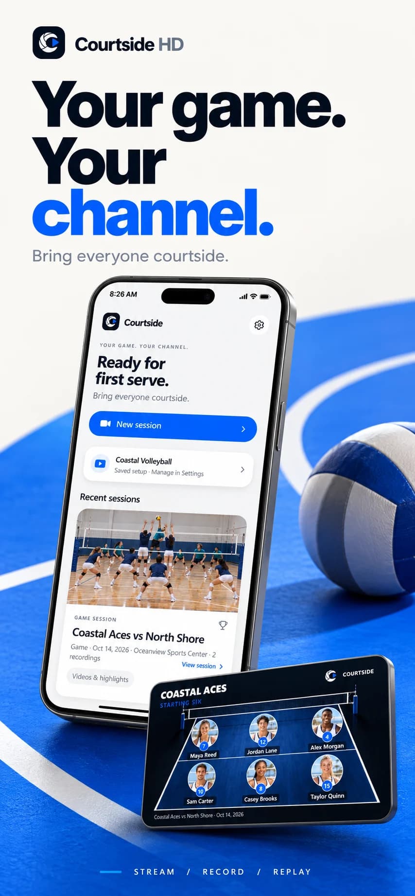Courtside HD Your game, your channel promotional artwork with an iPhone, lineup preview, and cobalt volleyball court