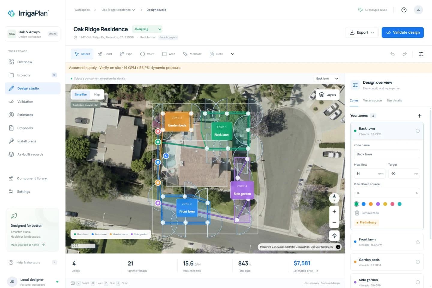 IrrigaPlan design studio with satellite map, irrigation zones, sprinkler coverage, and zone inspector