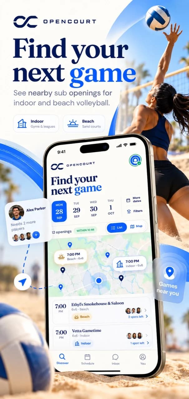 Find your next game: OpenCourt promotional preview with nearby volleyball openings on a phone map